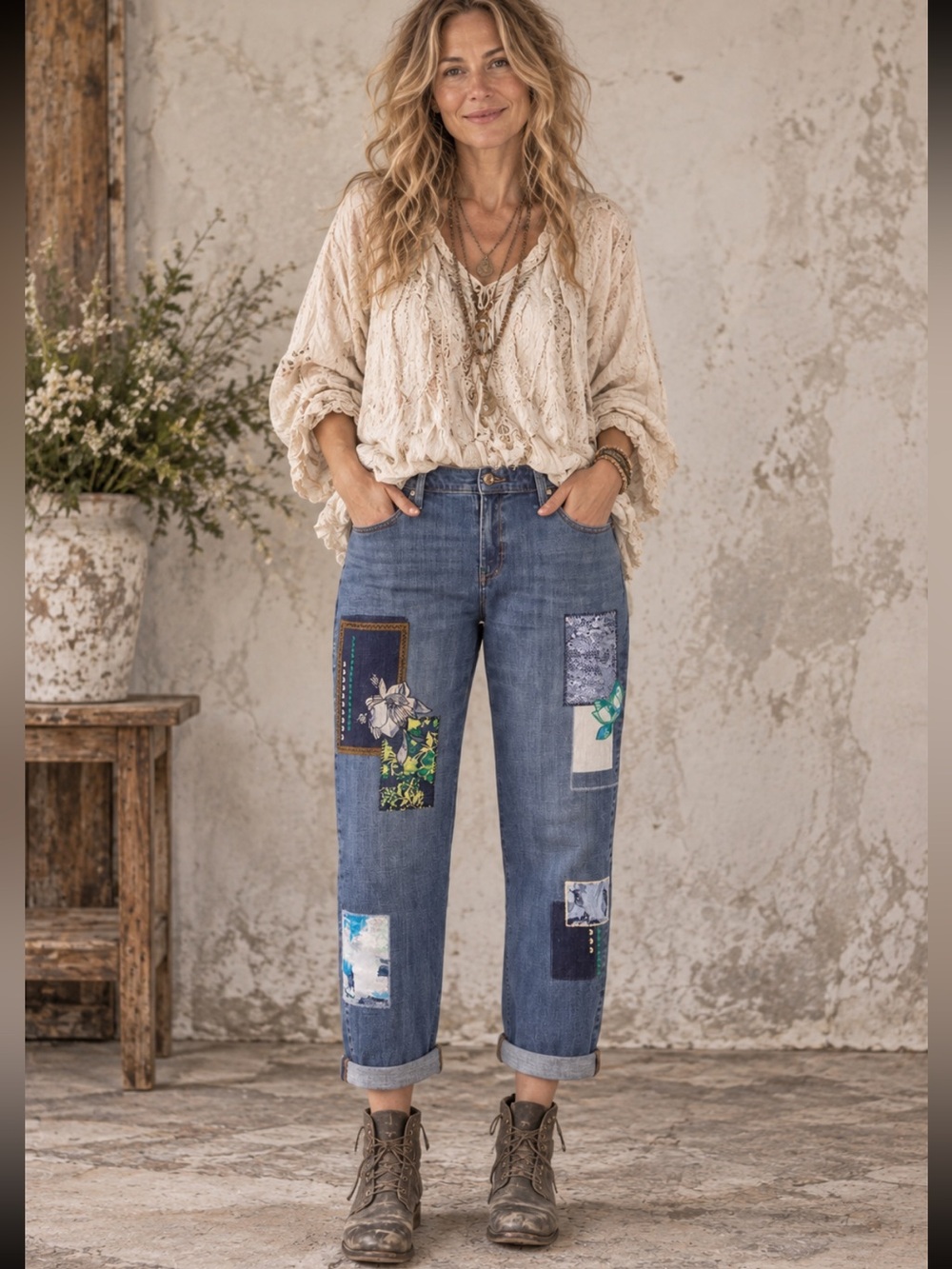 Chico’s Boyfriend Patchwork Cropped Jeans Boho Artsy Denim